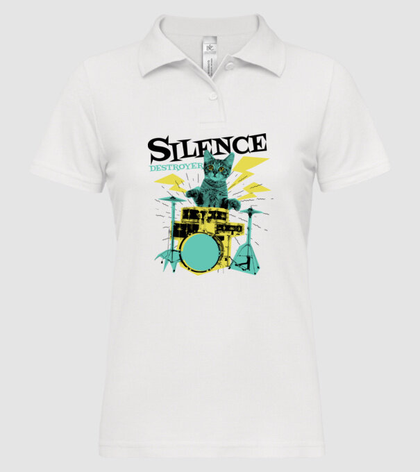 Pisică Baterist - Silence Destroyer model alb pe tricou