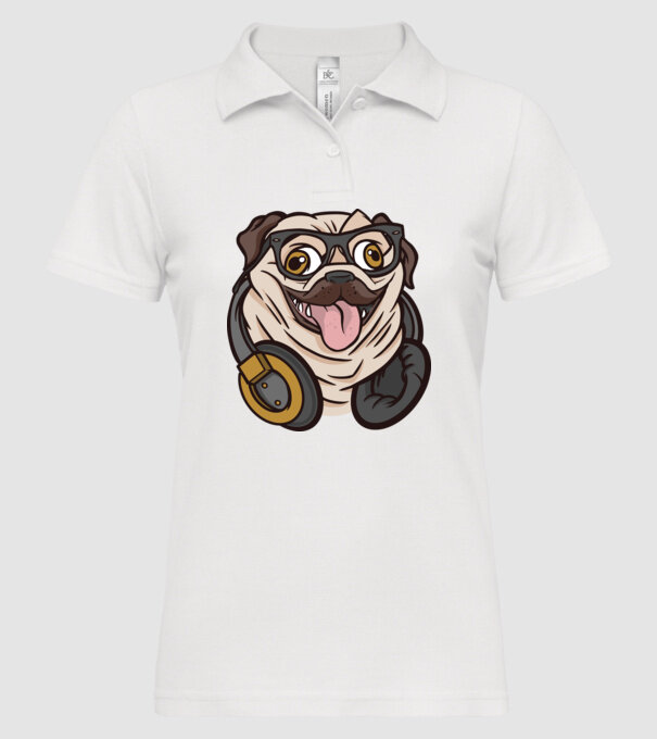 Mops cu căști model alb pe tricou