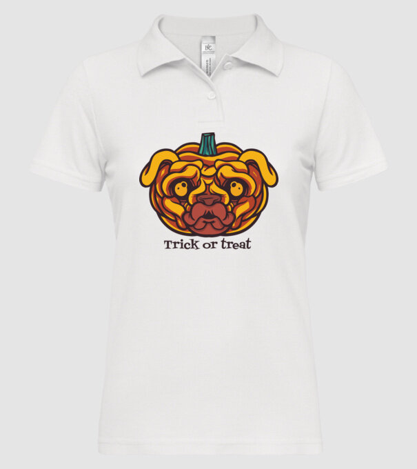 Mops cap de dovleac Halloween model alb pe tricou