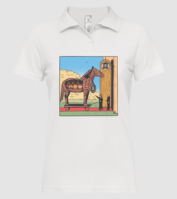 Cal troian Bitcoin model alb pe tricou