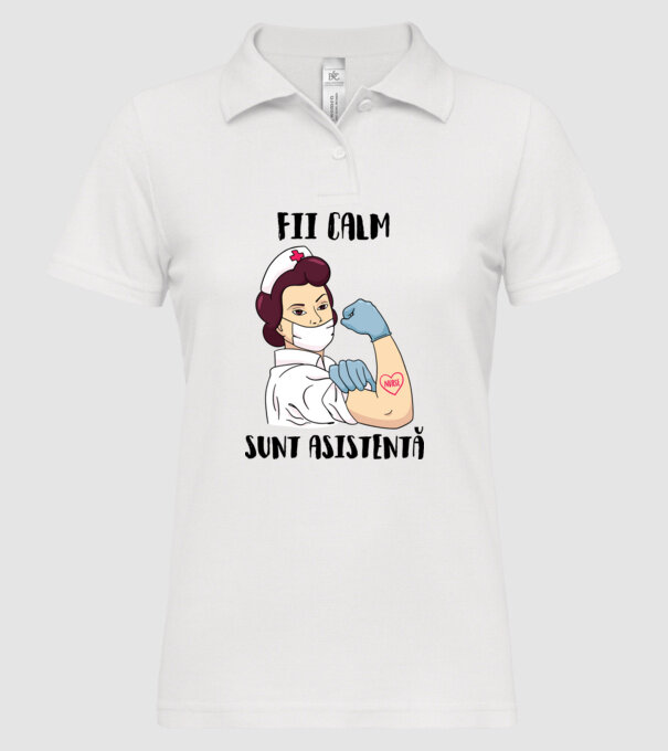 Fii calm, sunt asistentă model alb pe tricou
