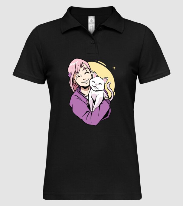 Anime fată cu pisică model negru pe tricou