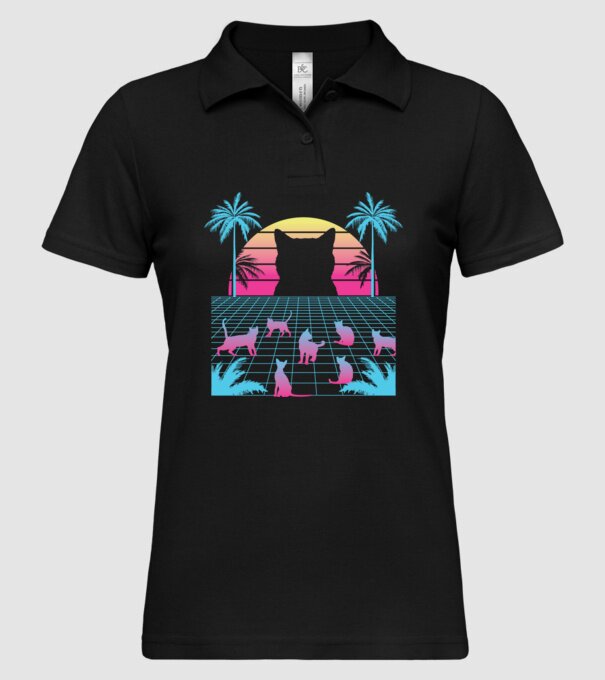 Pisică Vaporwave neon model negru pe tricou