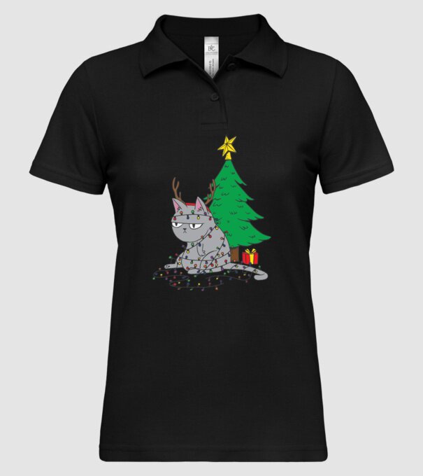 Pisicuță încurcată în becurile pomului de Crăciun model negru pe tricou