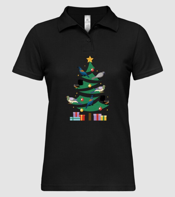 Pom de Crăciun cu păsări model negru pe tricou
