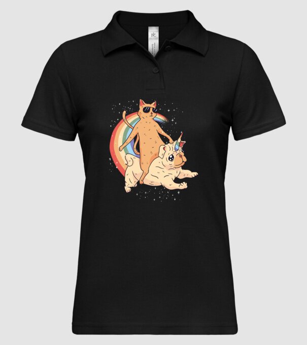 Pisică și Mops unicorn model negru pe tricou