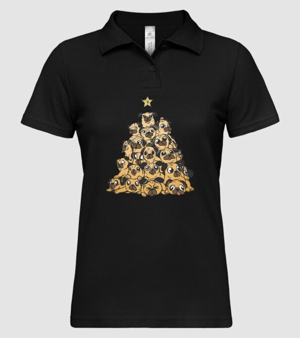 pom de Crăciun cu cățel (mops) model negru pe tricou