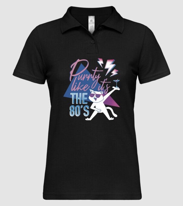 'Purrty Like it''s the 80''s' model negru pe tricou