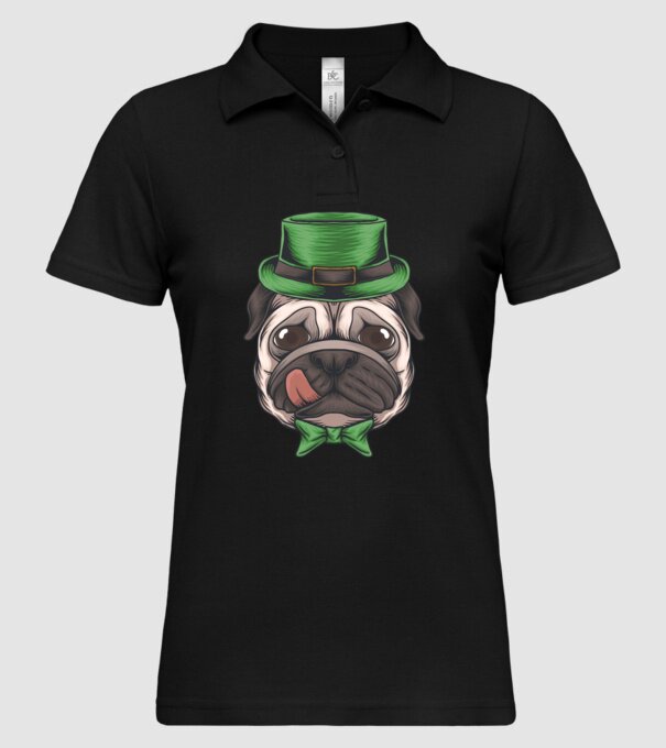 Mops Sfântul Patrick model negru pe tricou