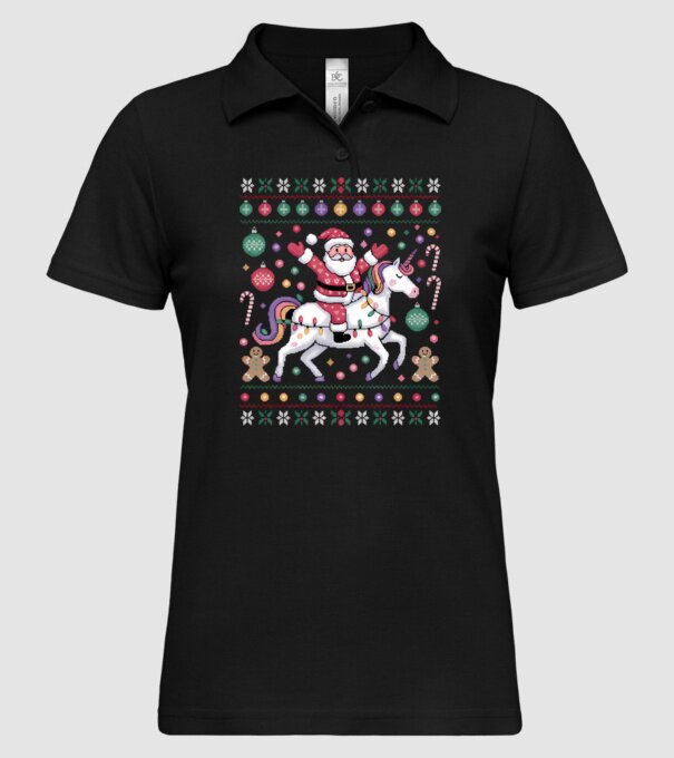 Moș Crăciun pe un pulover urât unicorn model negru pe tricou