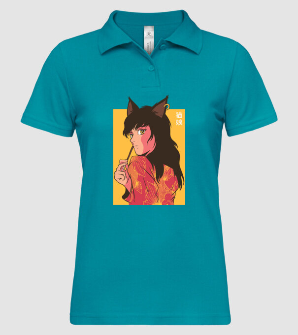 Pisică Fată Anime model turcoaz pe tricou