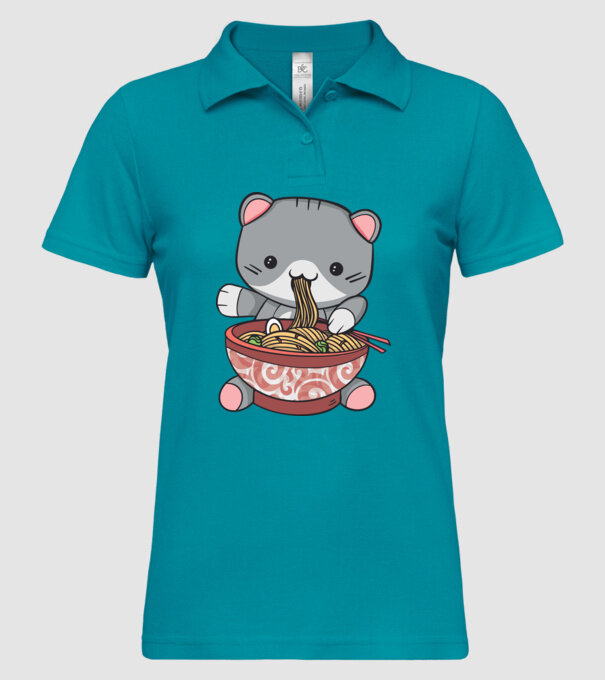 Pisică Kawaii Ramen model turcoaz pe tricou