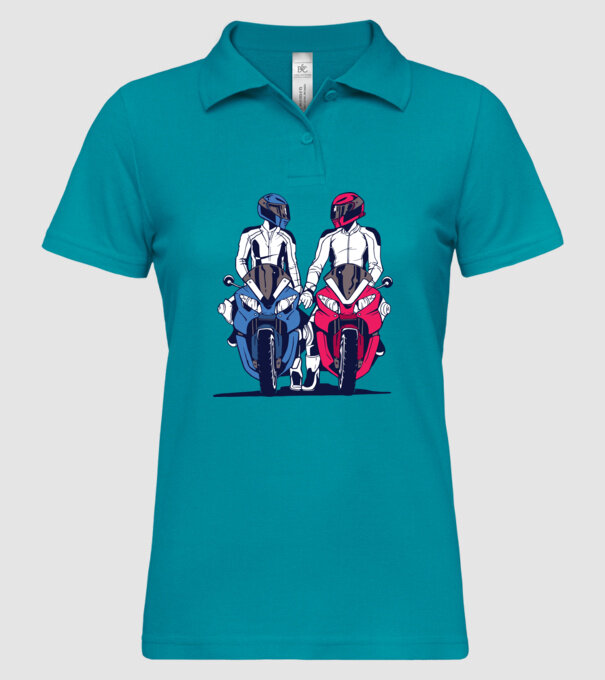 Cuplu de motocicliști model turcoaz pe tricou