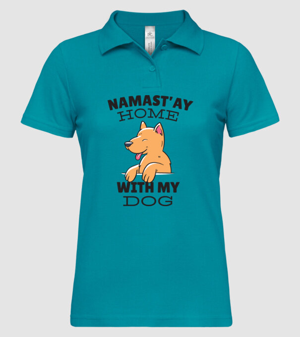 'Namast''ay Home with my Dog -Yoga Carantină' model turcoaz pe tricou