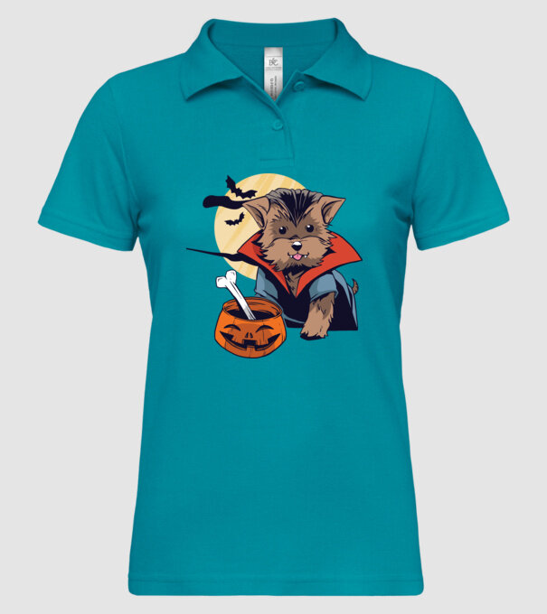 Vampir Yorkie Halloween model turcoaz pe tricou
