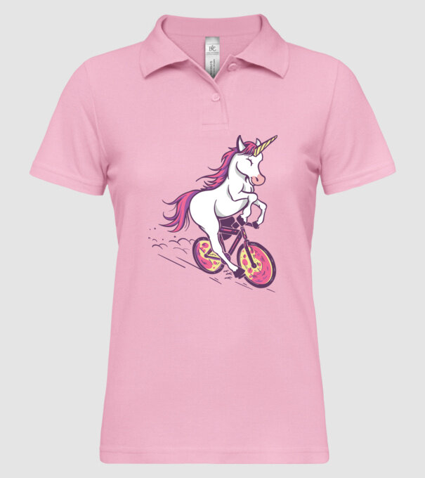 unicorn cu bicicletă model roz deschis pe tricou
