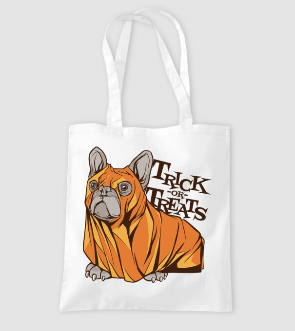 Trick or Treat Mops Halloween model alb pe tricou