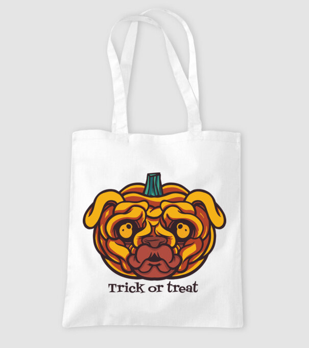 Mops cap de dovleac Halloween model alb pe tricou