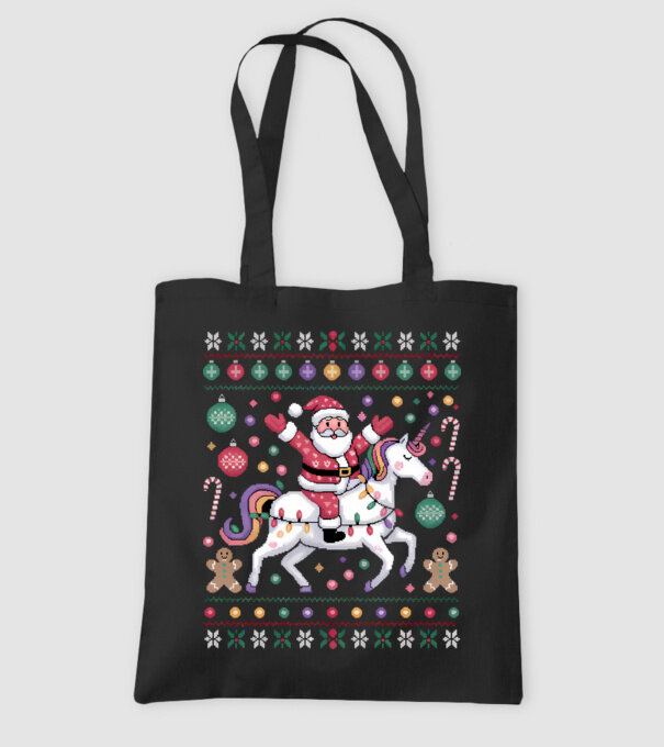 Moș Crăciun pe un pulover urât unicorn model negru pe tricou