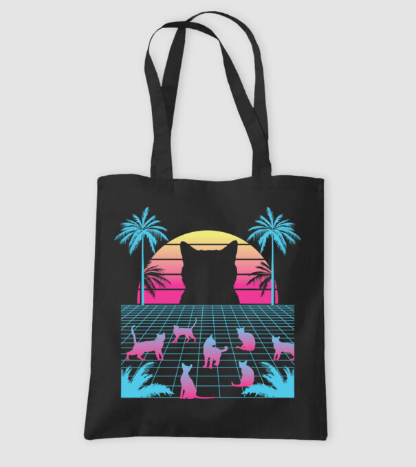 Pisică Vaporwave neon model negru pe tricou