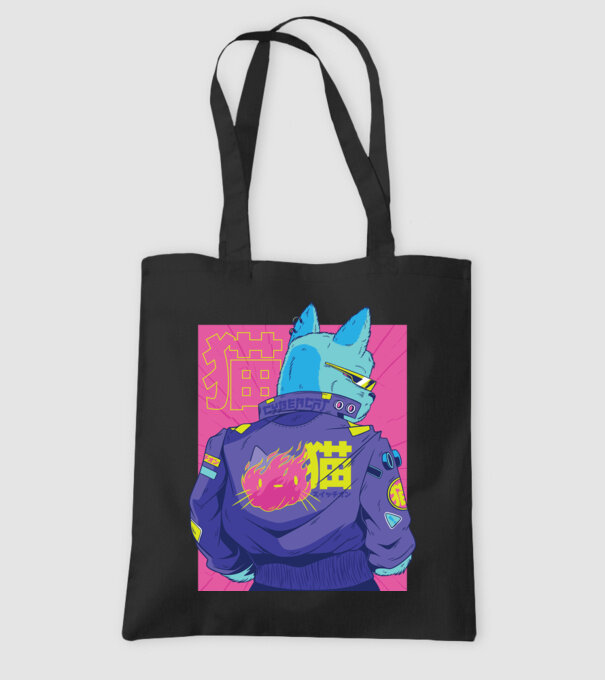 Pisică Cyberpunk model negru pe tricou