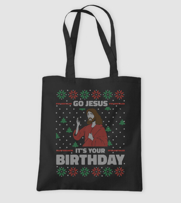 'Go Jesus, It''s Your Birthday Ugly Sweater' model negru pe tricou