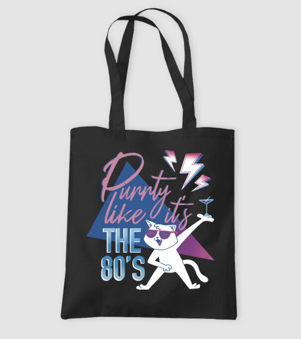'Purrty Like it''s the 80''s' model negru pe tricou