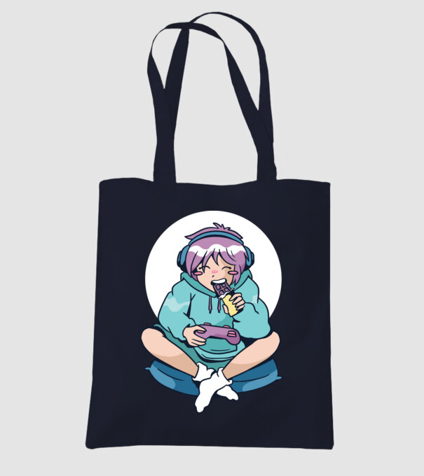 Anime Gamer Fată cu ciocolată model albastru închis pe tricou