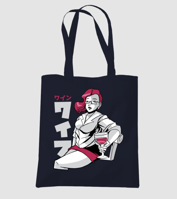 Anime fată cu vin model albastru închis pe tricou
