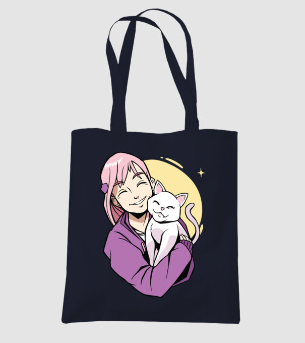 Anime fată cu pisică model albastru închis pe tricou