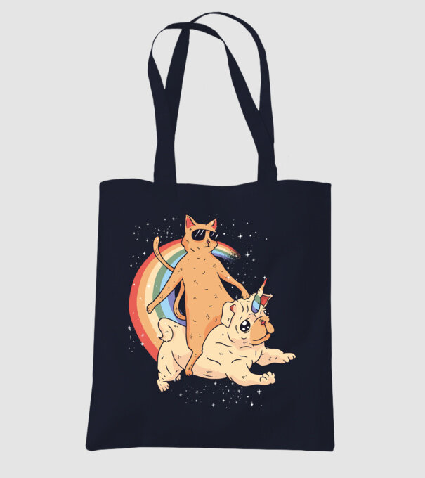 Pisică și Mops unicorn model albastru închis pe tricou