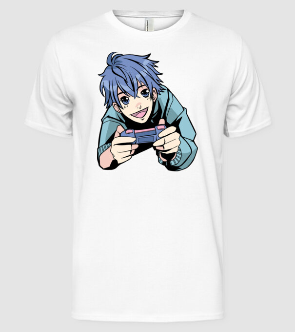 Anime băiat Gamer model alb pe tricou