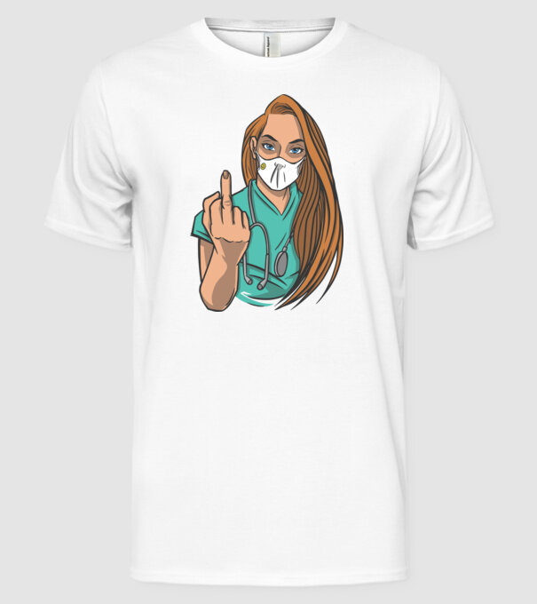 Asistentă medicală arată degetul model alb pe tricou