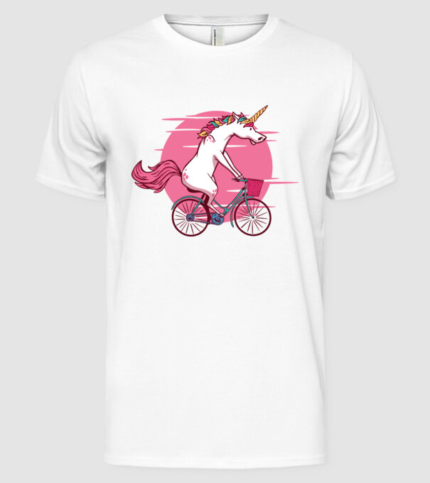 Unicorn cu bicicletă model alb pe tricou