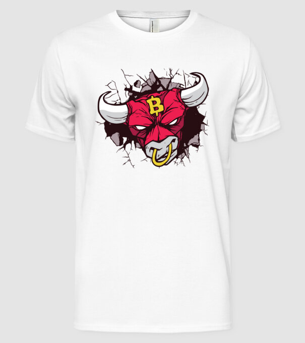 Taur Bitcoin model alb pe tricou