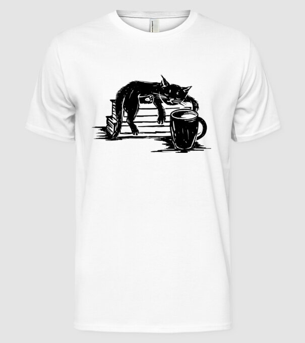 Pisică și cafea model alb pe tricou
