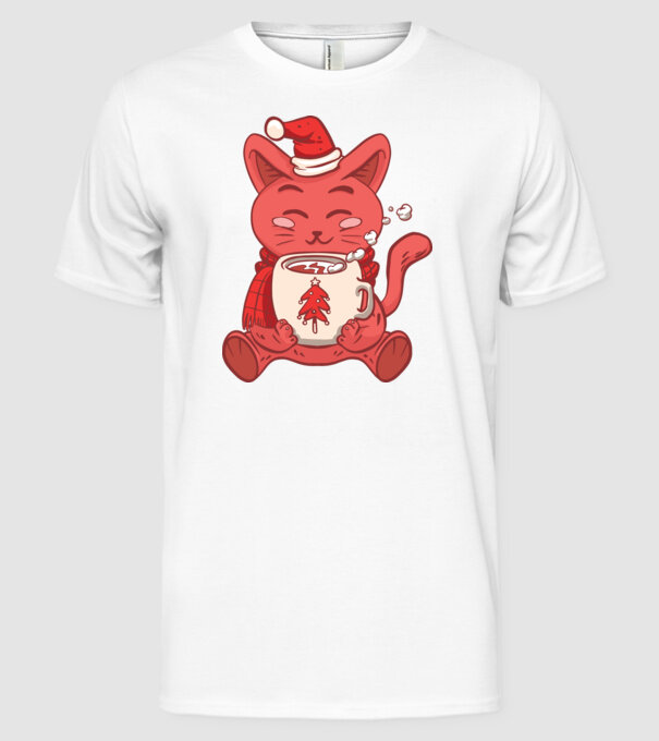 Pisică cu ciocolată caldă model alb pe tricou