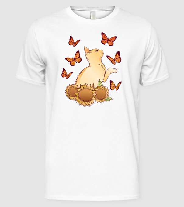 Pisică cu fluturi model alb pe tricou
