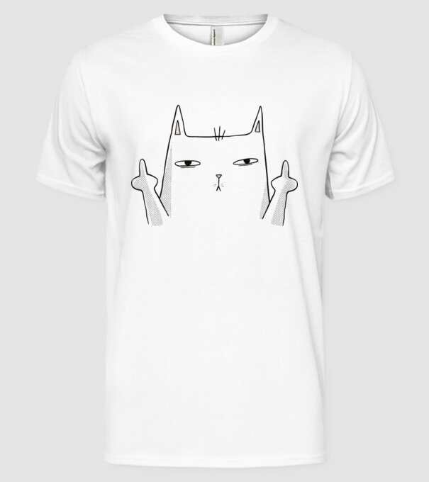 Pisică desen arată degetul model alb pe tricou