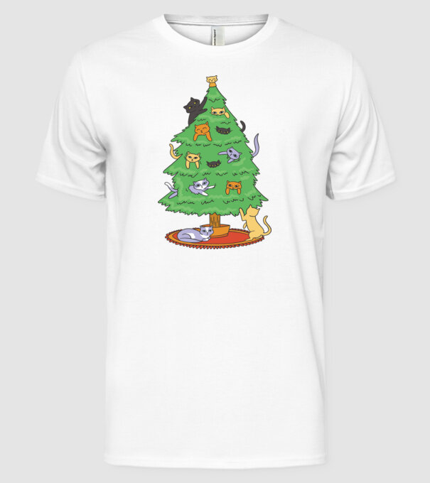 pom de Crăciun cu pisică model alb pe tricou
