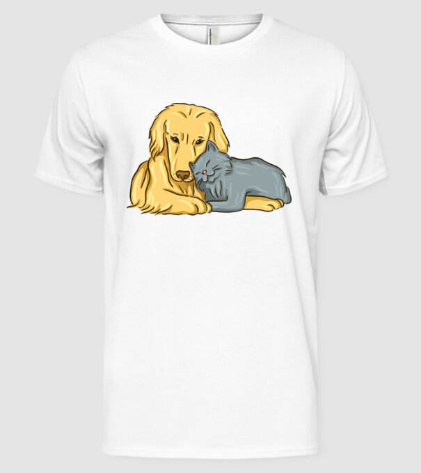 câine pisică drăguță împreună model alb pe tricou