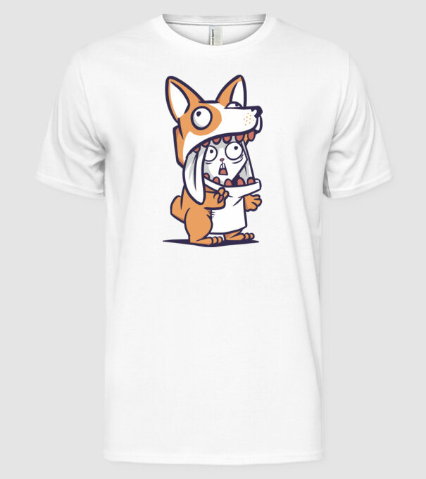 Iepuraș drăguț în costum Corgi model alb pe tricou