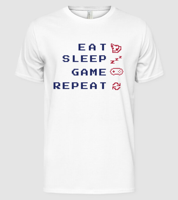 Eat Sleep Game Repeat model alb pe tricou