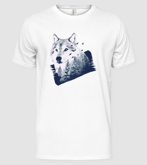 Tricou design Pădure Lup model alb pe tricou