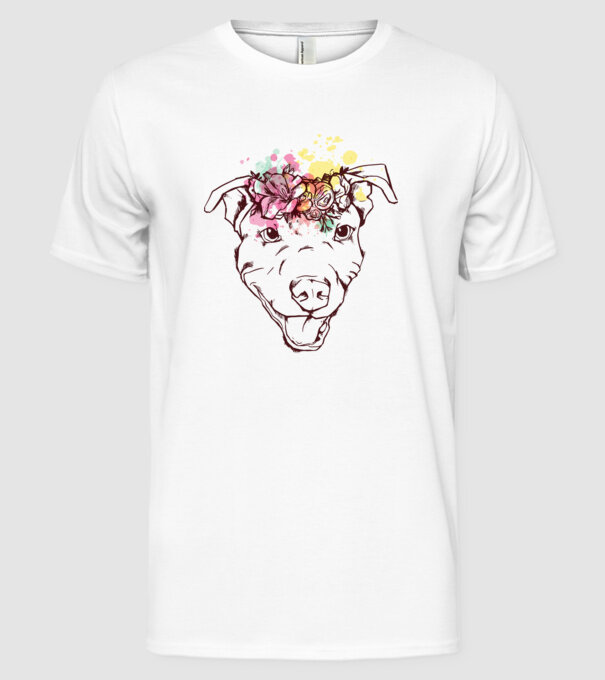 Floral Pitbull model alb pe tricou
