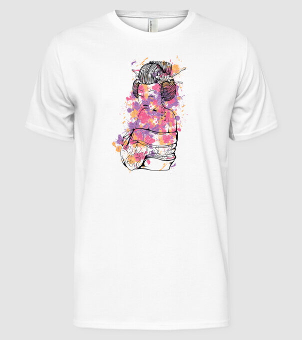 Geisha colorată model alb pe tricou
