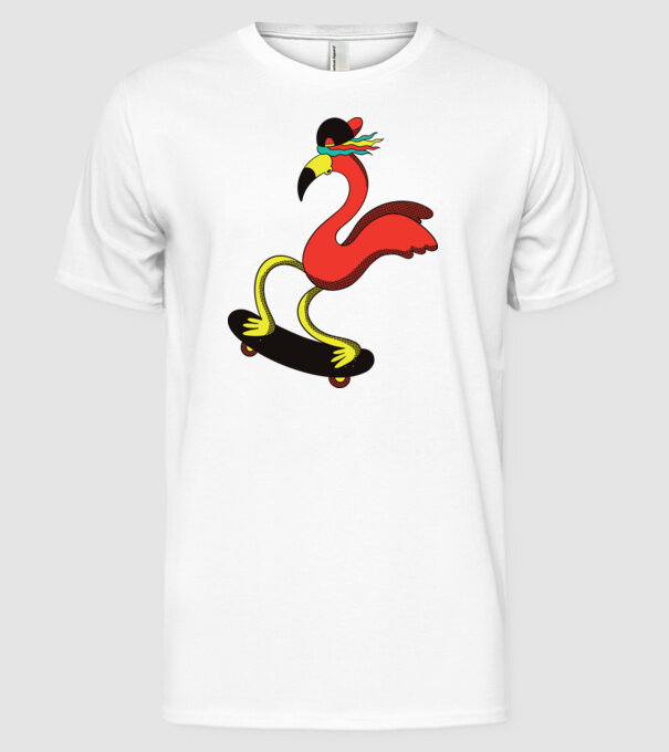 Flamingo Skateboarder model alb pe tricou
