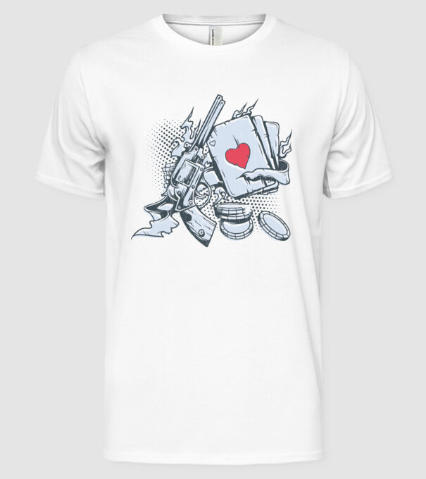 Gun with Cards model alb pe tricou