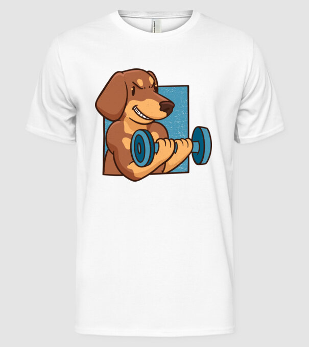 Teckel body builder model alb pe tricou