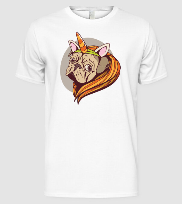 Halloween Mops în costum de Unicorn model alb pe tricou